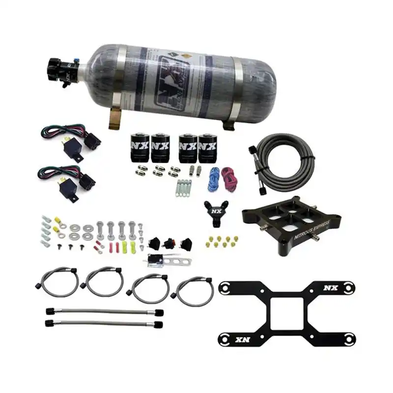 Nitrous Express Dry, Quad Stage Billet Crossbar Plate System 100-2000HP (4150Flange) W/12Lb Bottle (66442-12) While Supplies Last